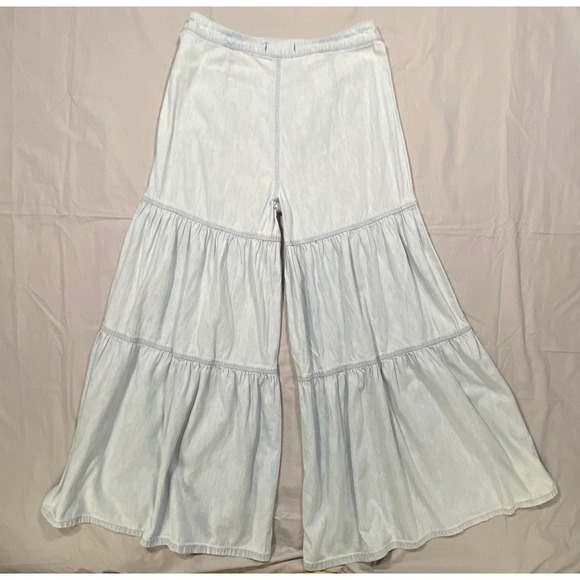 Free People We The Free Tiered Wide Leg Denim Pants Light Wash Blue Womens 6 - Picture 3 of 16